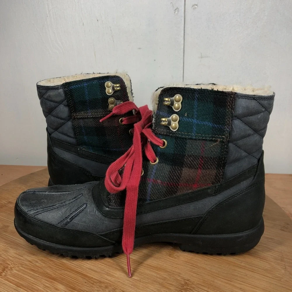 Cole Haan Mens size 8 Shoes black Leather Duck Lined Plaid wateproof snow boots